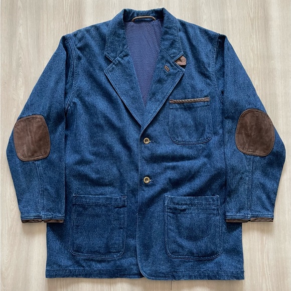 Vintage GUIDE GEAR Denim Jacket Leather Trim Chore Hunting Zambezi Safari Sz L - Picture 1 of 4